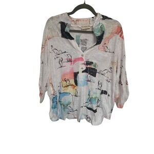 Y2K Impulse California Cat Print Sequin Lightweight Top L Artsy Boho